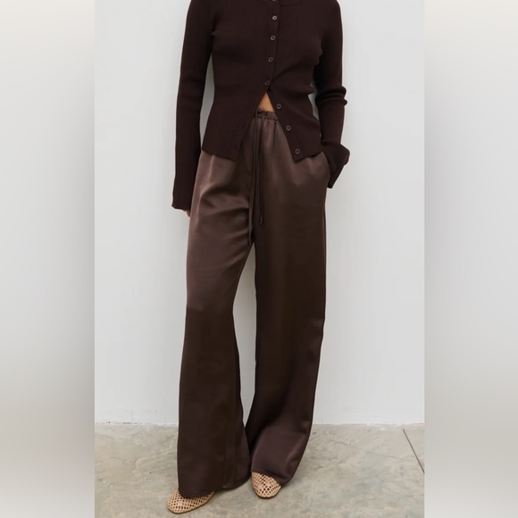 2025 Hot Color Breya Satin Drawstring Chocolate Brown Women's Trousers - Picture 1 of 4